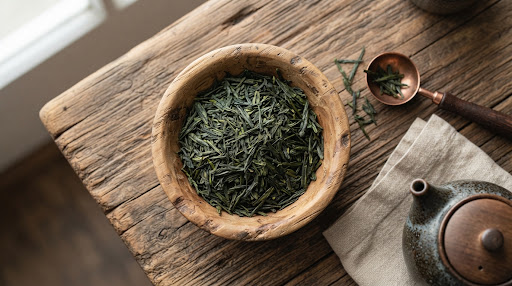 Green Tea fresh dry whole tea leaves in wooden bowl