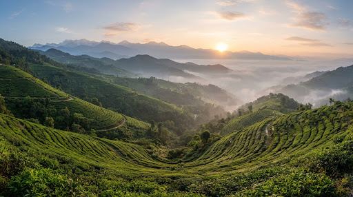 Panoramic high-altitude tea garden in Ilam Nepal, rolling lush green terraced tea hills at golden sunrise