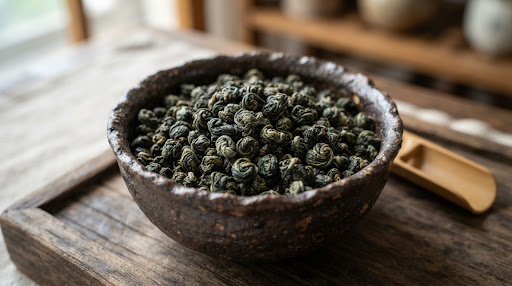 Rolled tight pearls of high mountain oolong tea leaves