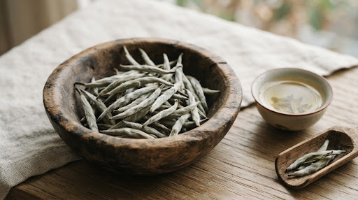 Silver needle white tea tips with delicate downy white fuzz
